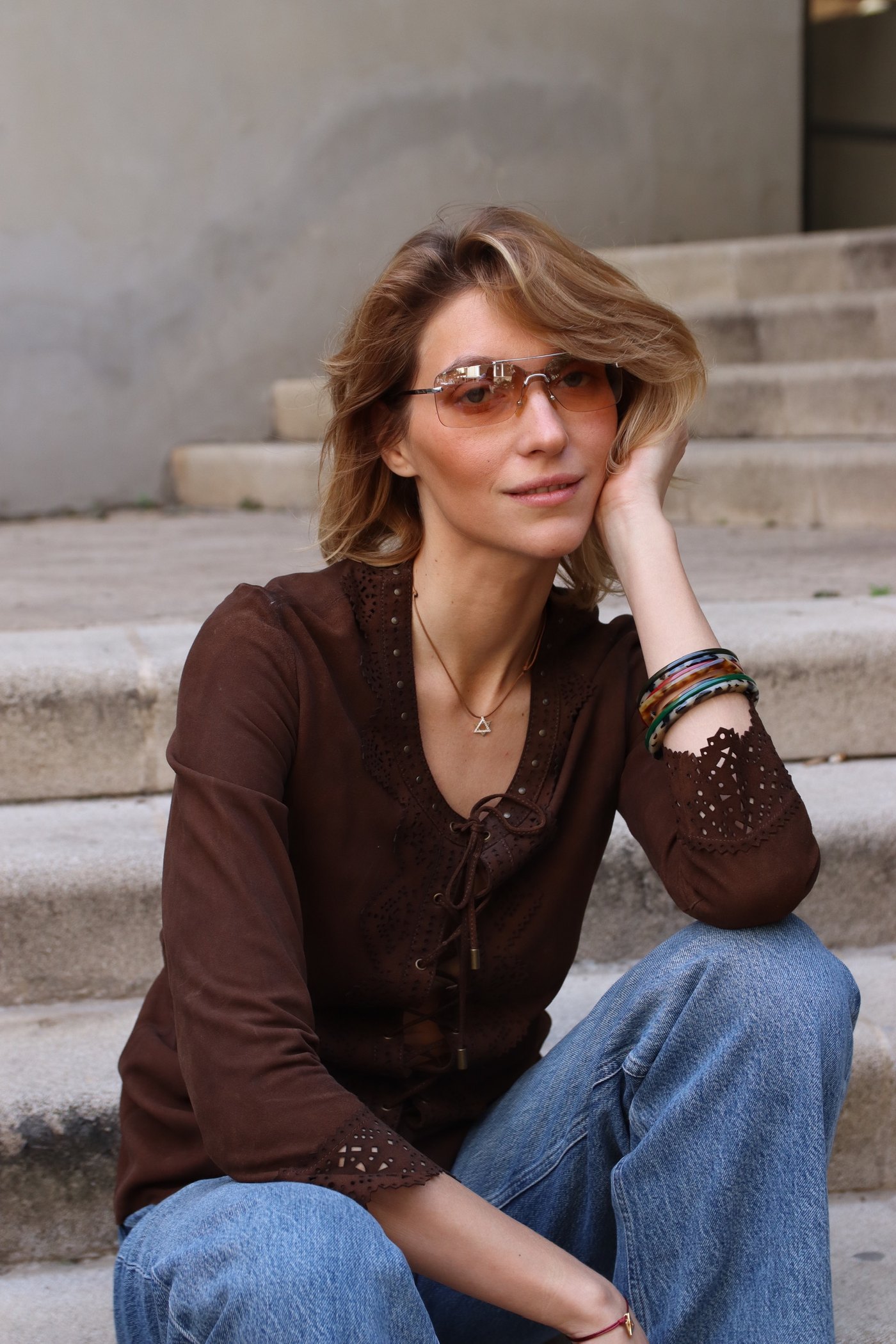 Seated on the steps