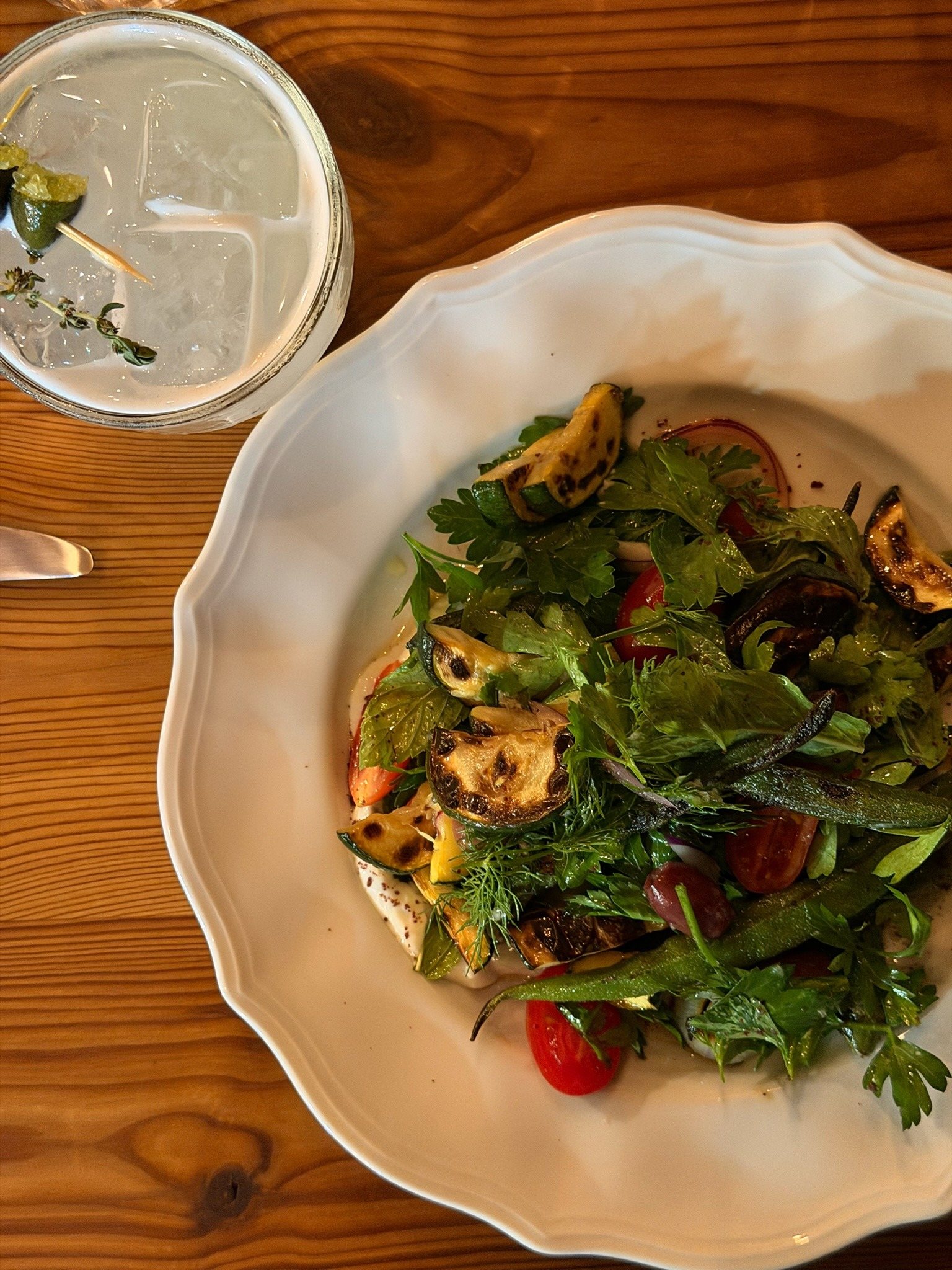 A bowl and a glass, seen from above
