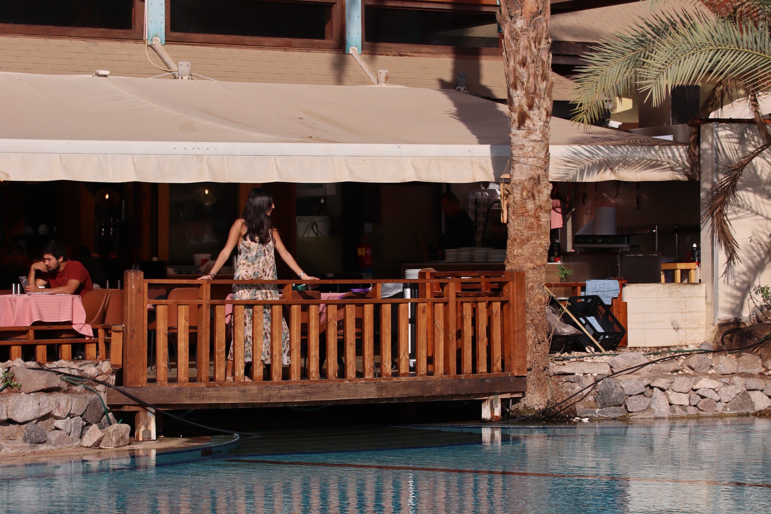 The pool at Eilat, beneath the wooden roofs and the palms