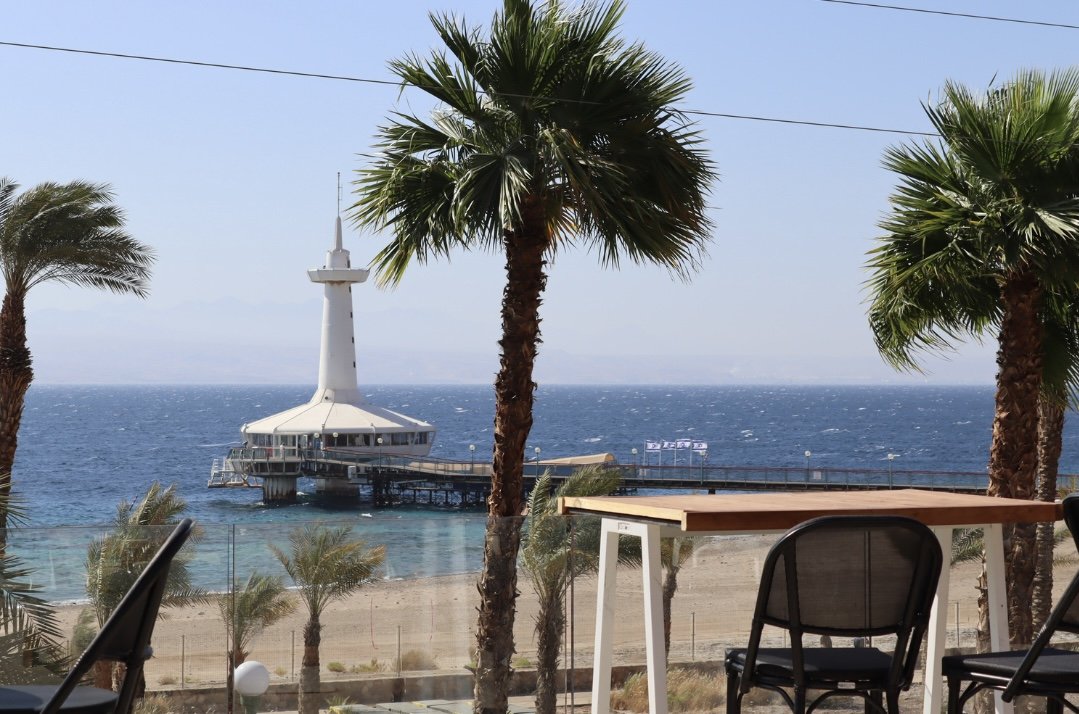 The palms, the terrace and the bay beyond