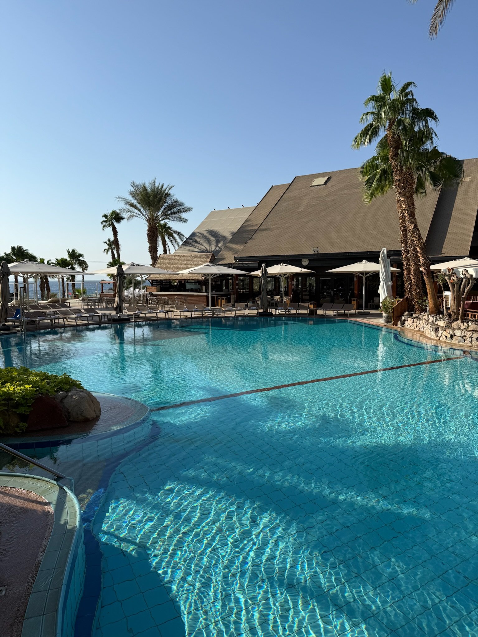 The main pool and the wooden roofs above it