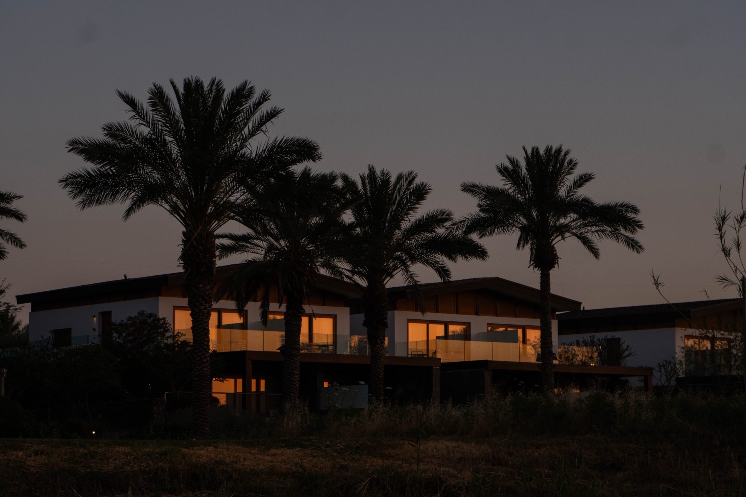 The Setai Sea of Galilee — the villas at dusk, lit windows beneath the palms