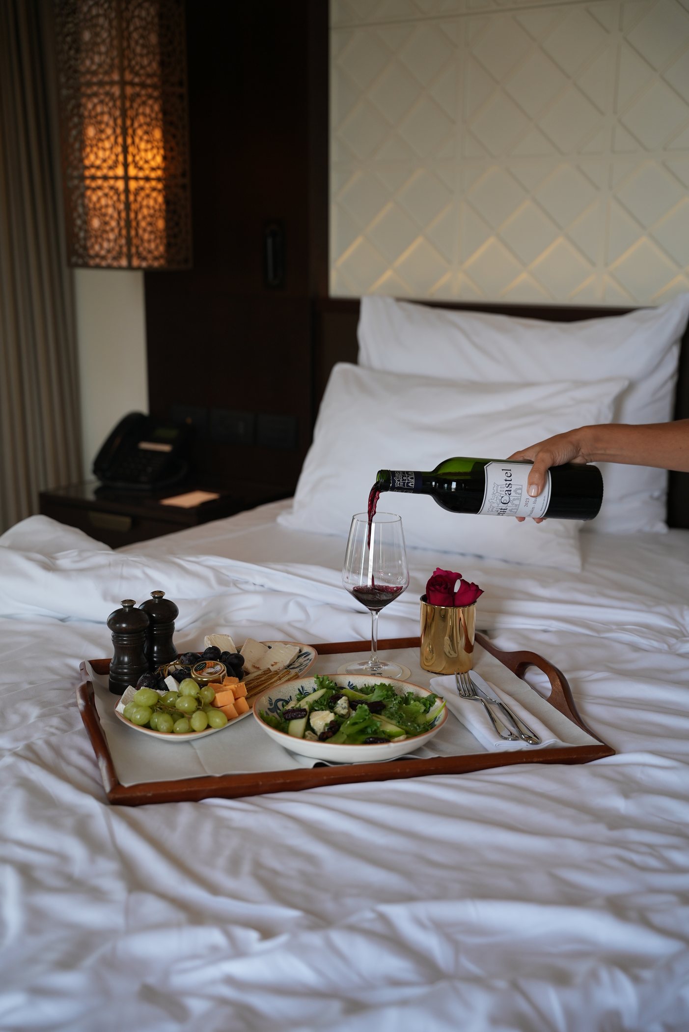 A tray set on the bed