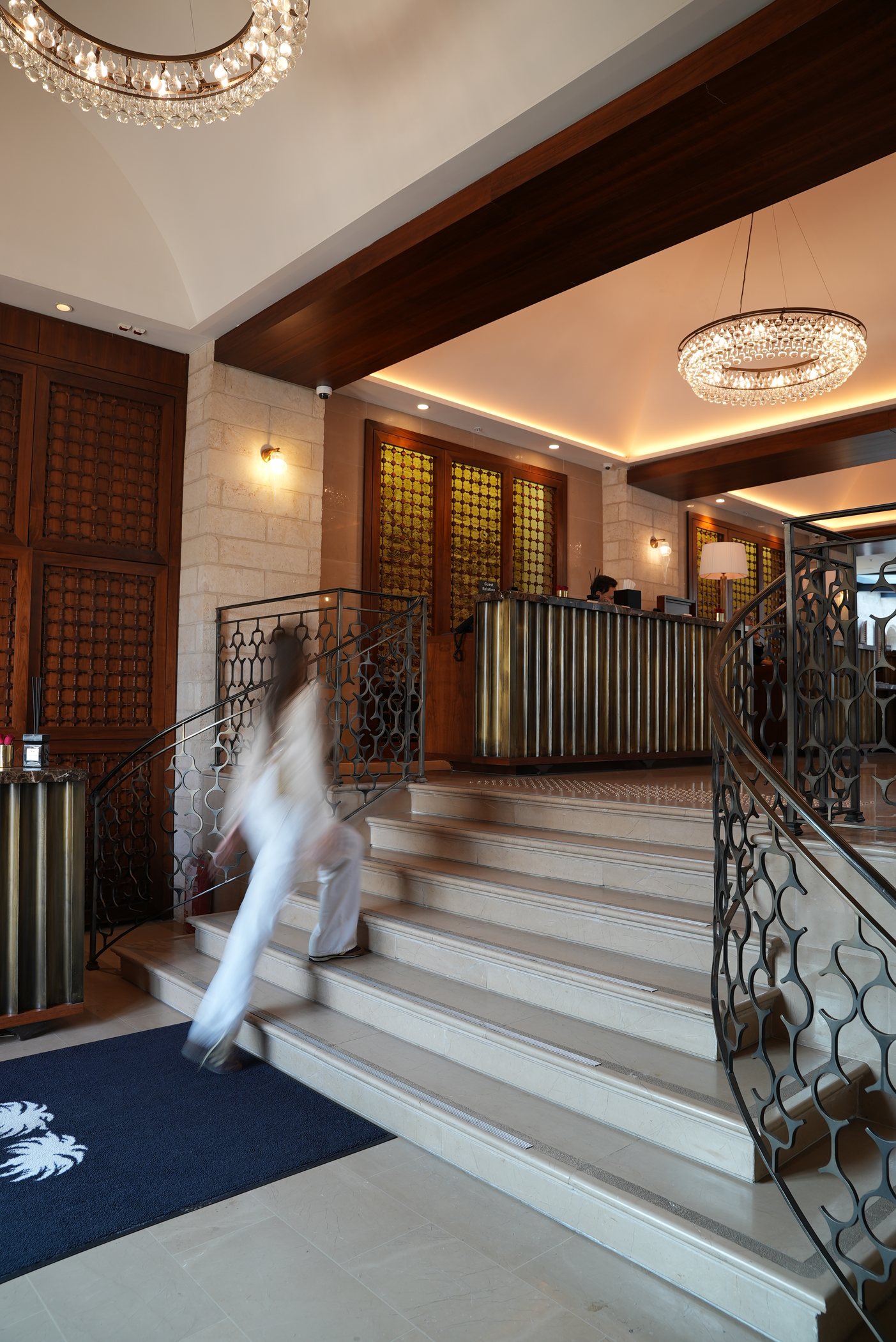 The grand staircase and its chandelier